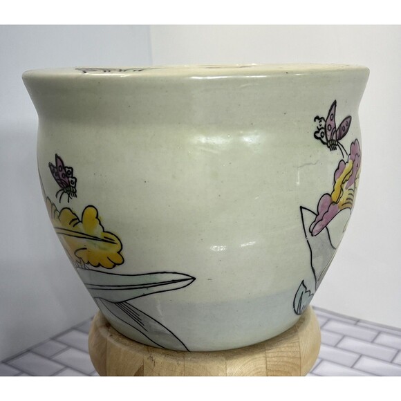 Asian Y2K Pot Planter 6 X 4.75in Floral Butterflies Tulips Beige Pink Fairycore - Picture 2 of 12